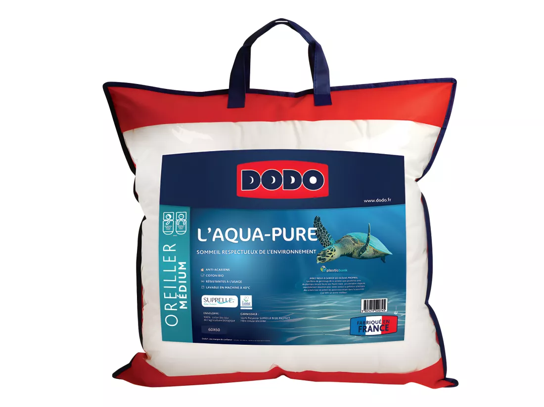 Oreiller DODO - Enveloppe 100% coton bio et garnissage recyclé - 60 x 60 cm - AQUA-PURE