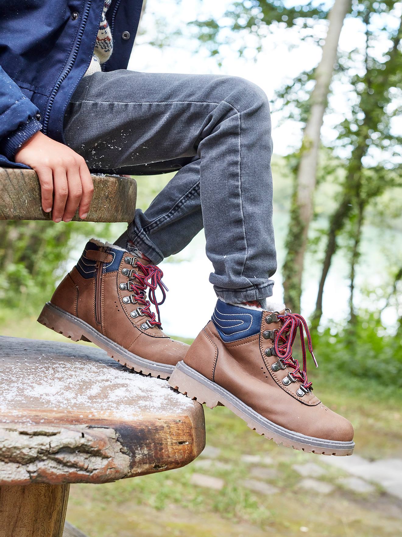 Botas de cano curto com zíper e cadarço, para meninos, marrom médio liso
