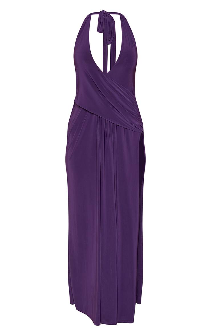 Deep Purple Robe Maxi Drapée Double Couche En Tissu Slinky