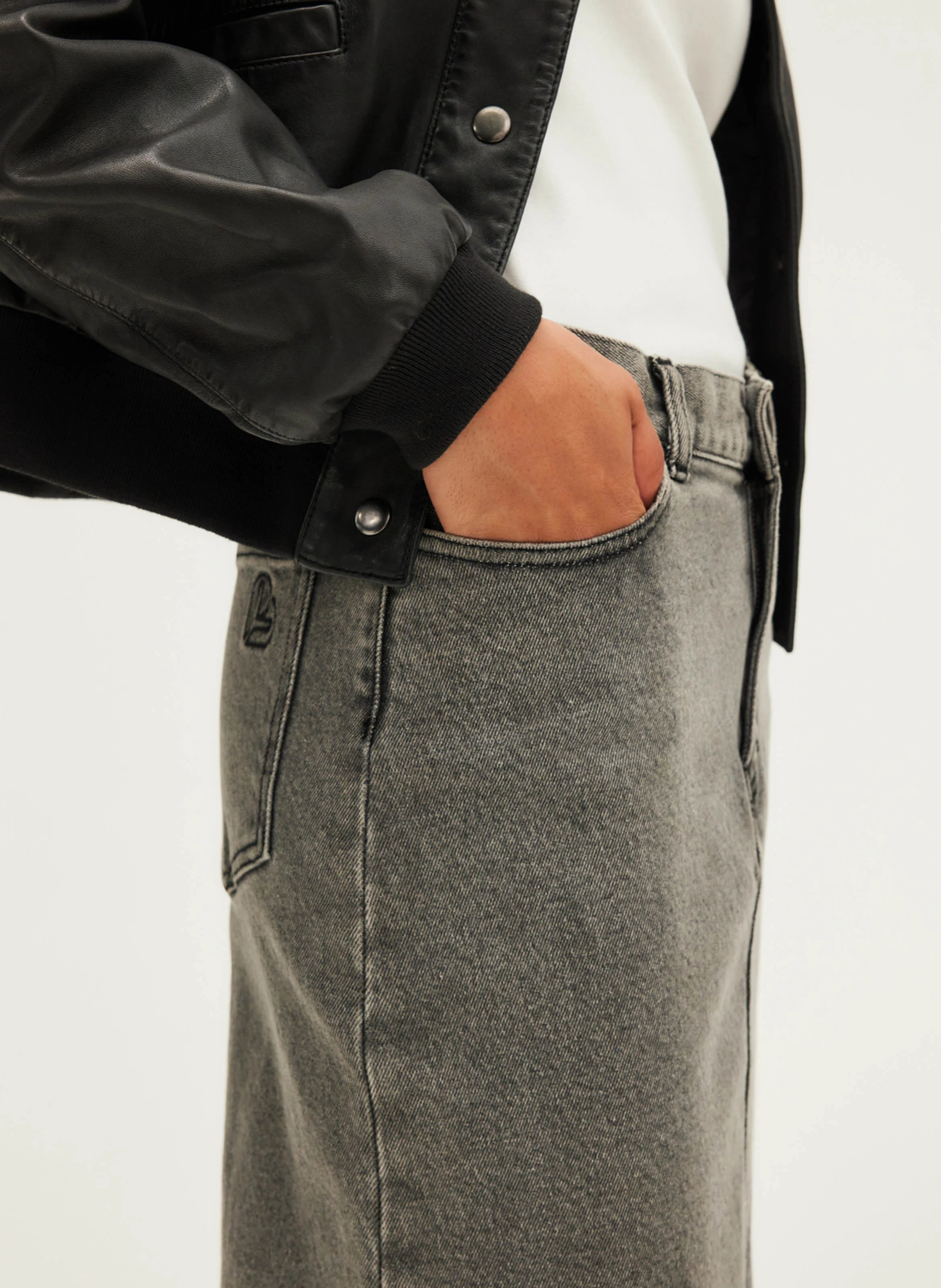 CLAUDIA - Jupe midi en denim de coton mélangé | Gris