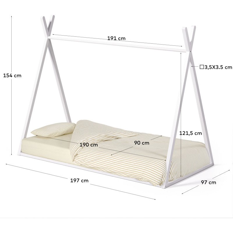 Lit tipi Maralis en bois de hêtre avec finition blanche pour matelas de 90 x 190 cm