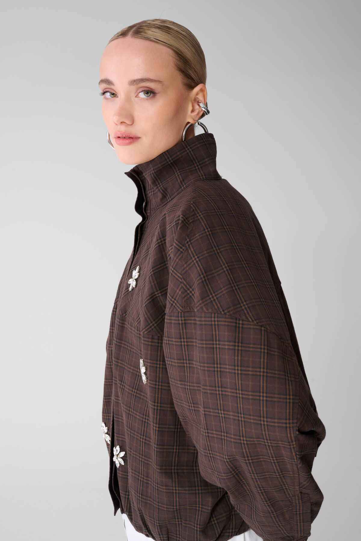 Check Bomber Blouse Donkerbruin