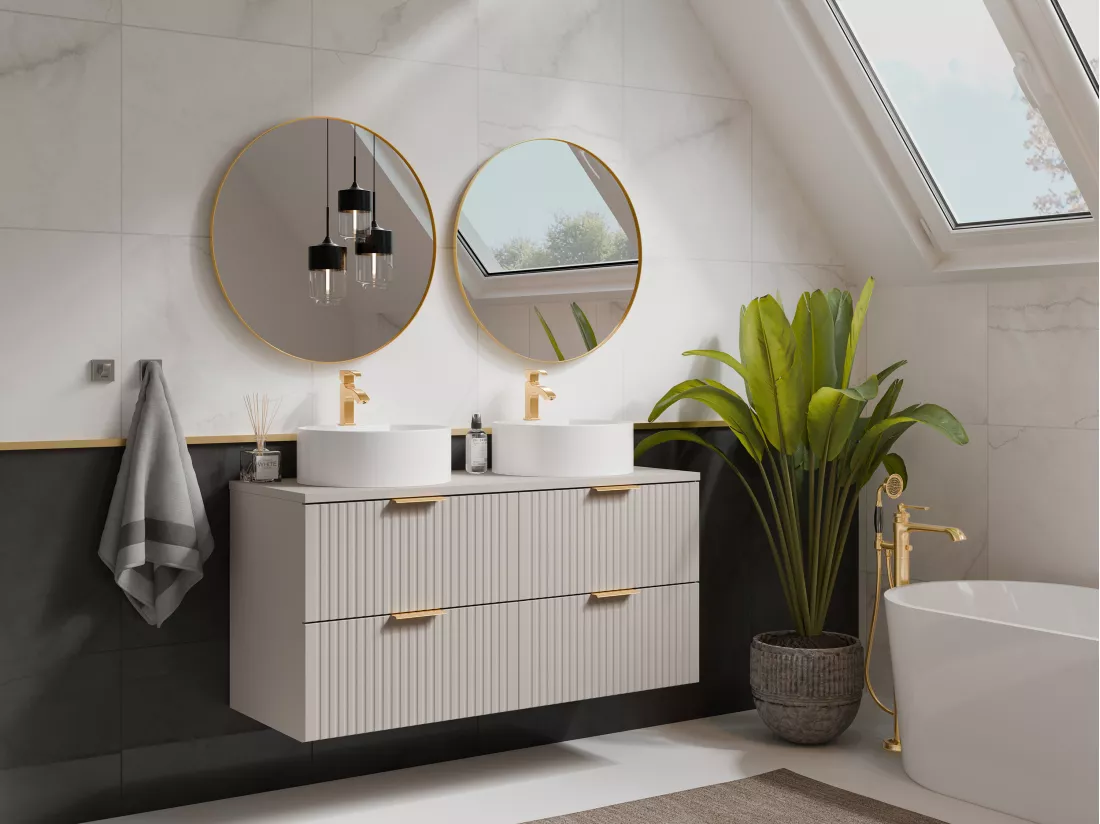 Meuble de salle de bain suspendu strié avec double vasque à poser ronde - Beige - L120 cm - ZEVARA
