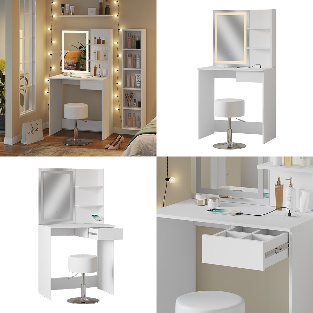 Vicco Schminktisch Dekos Weiß 75 cm mit LED-Spiegel QI-Ladestation und Hocker