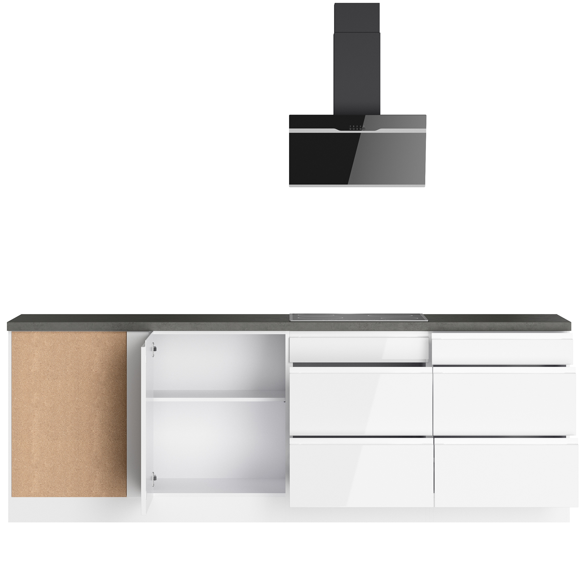 Winkelküche MONZA - weiß Hochglanz - Beton-Optik - mit E-Geräten - Induktionskochfeld - 300x240 cm