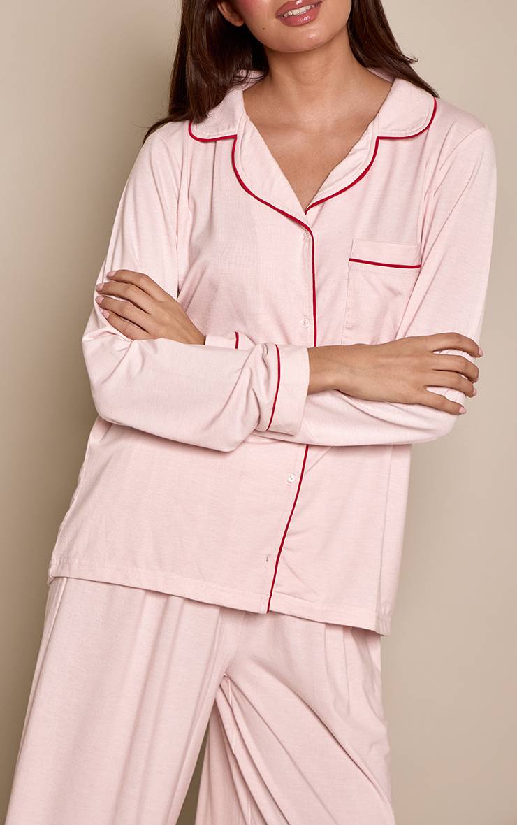 Rose Bébé Ensemble Pyjama En Jersey Doux Avec Passepoil Rouge À Manches Longues Et Pantalon