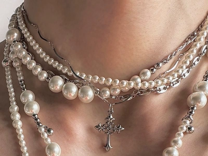 darcicon - Kruis imitatie parel gelaagde ketting / lange ketting