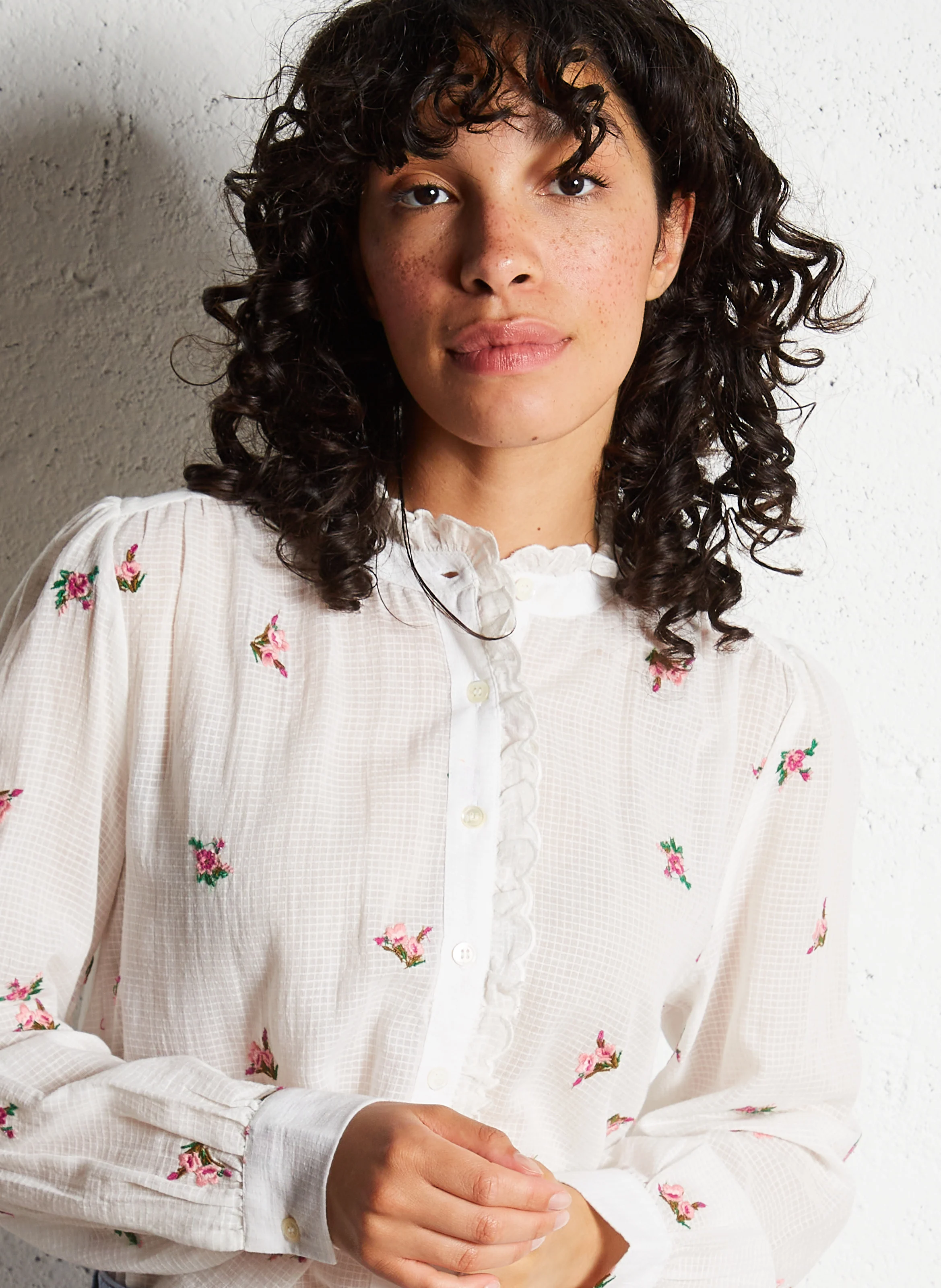 BAYA - Chemise droite col rond en coton | Blanc