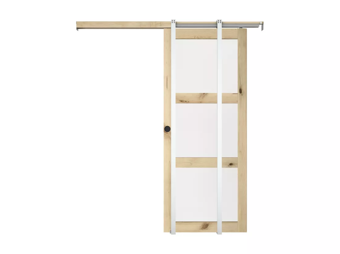 Porte coulissante avec système à galandage en bois et verre trempé dépoli - 3 fenêtres - H205 x L63 cm - ACOSTA II