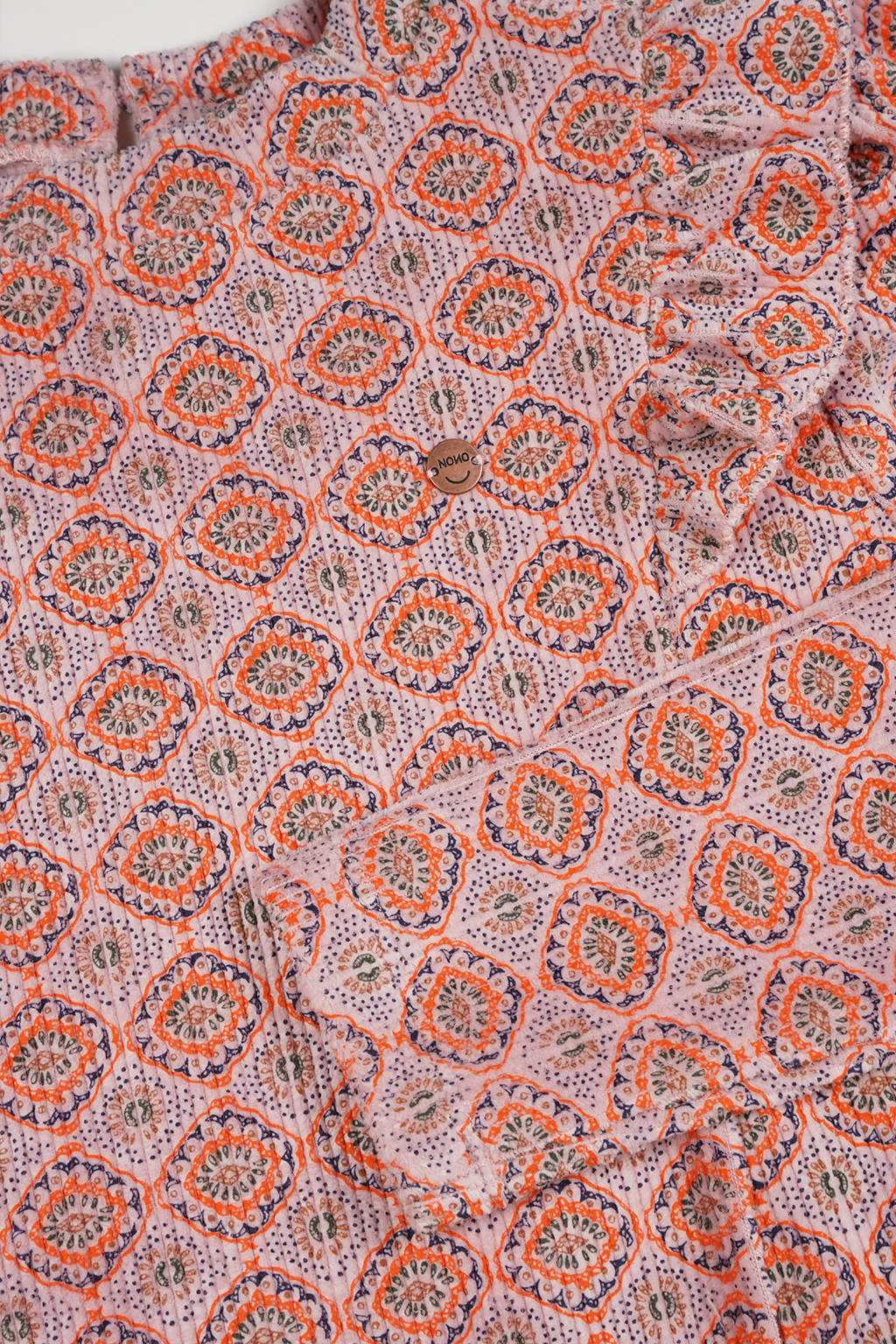 NONO jurk Max met all over print en ruches roze/oranje