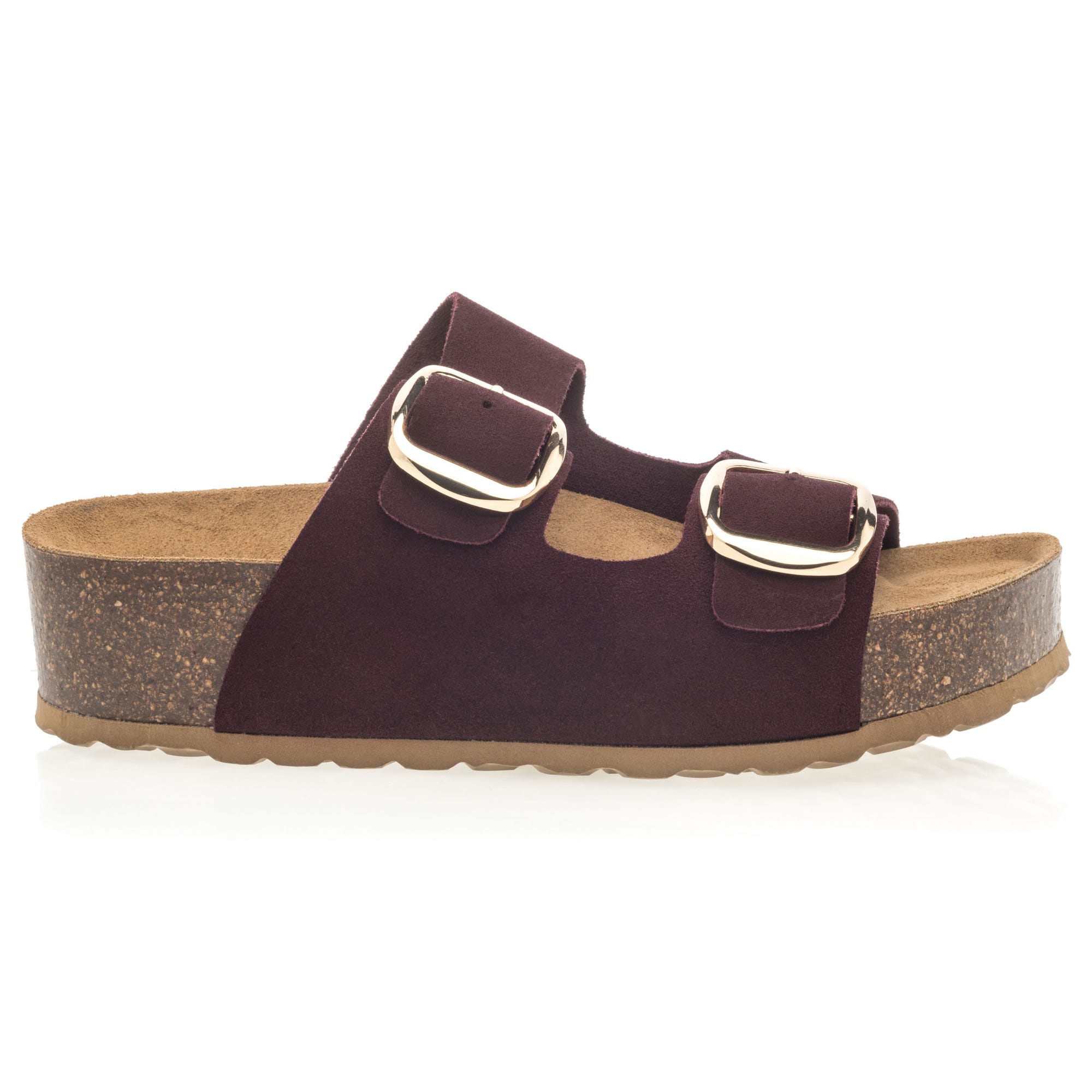 Mules semelle liège Femme en cuir bordeaux