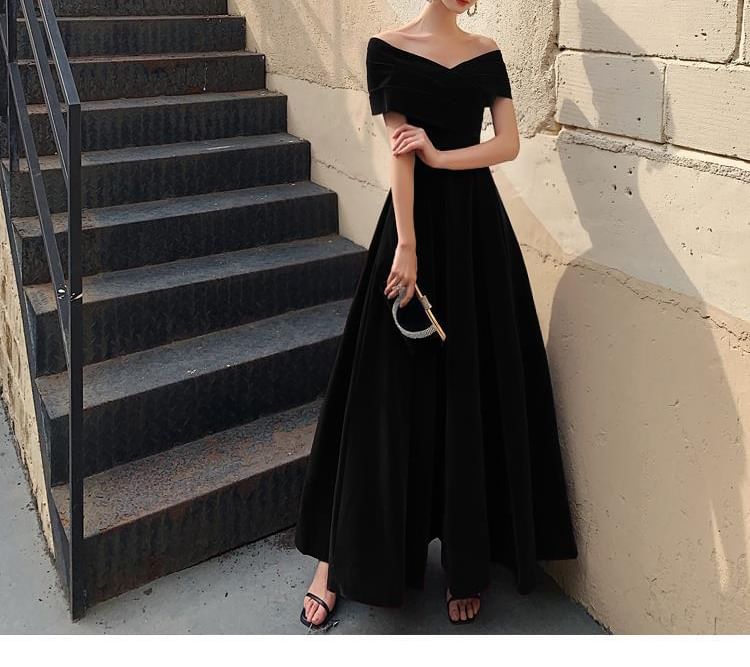 Saunderold - A-lijn avondjurk / cocktailjurk met korte mouwen en off-shoulder, effen en gerimpeld