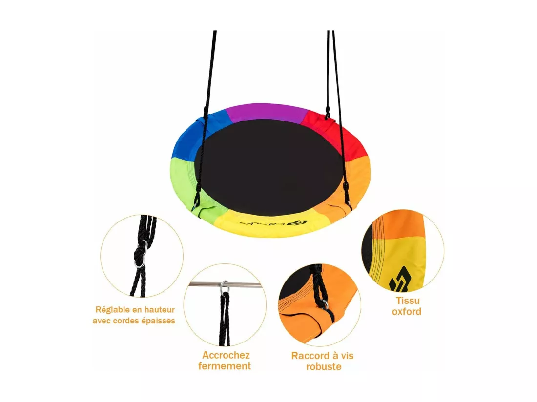 Balançoire Nid d’Oiseau Rond 100CM de Diamètre pour Arbre avec Sangle de Suspension Charge Max 150 KG Extérieur Multicolore