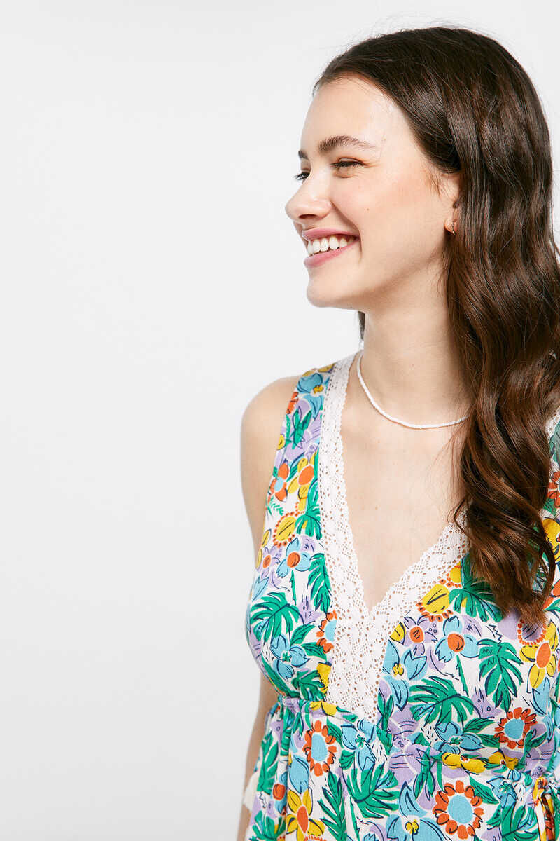 Blusa com decote em renda estampada - Amarela