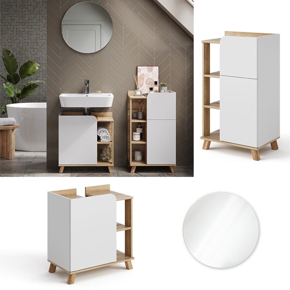 Vicco Badmöbel-Set Karen, Sonoma Weiß, moderne Badezimmerserie, 2 Farben, Waschtischunterschrank, Badspiegel, Unterschrank