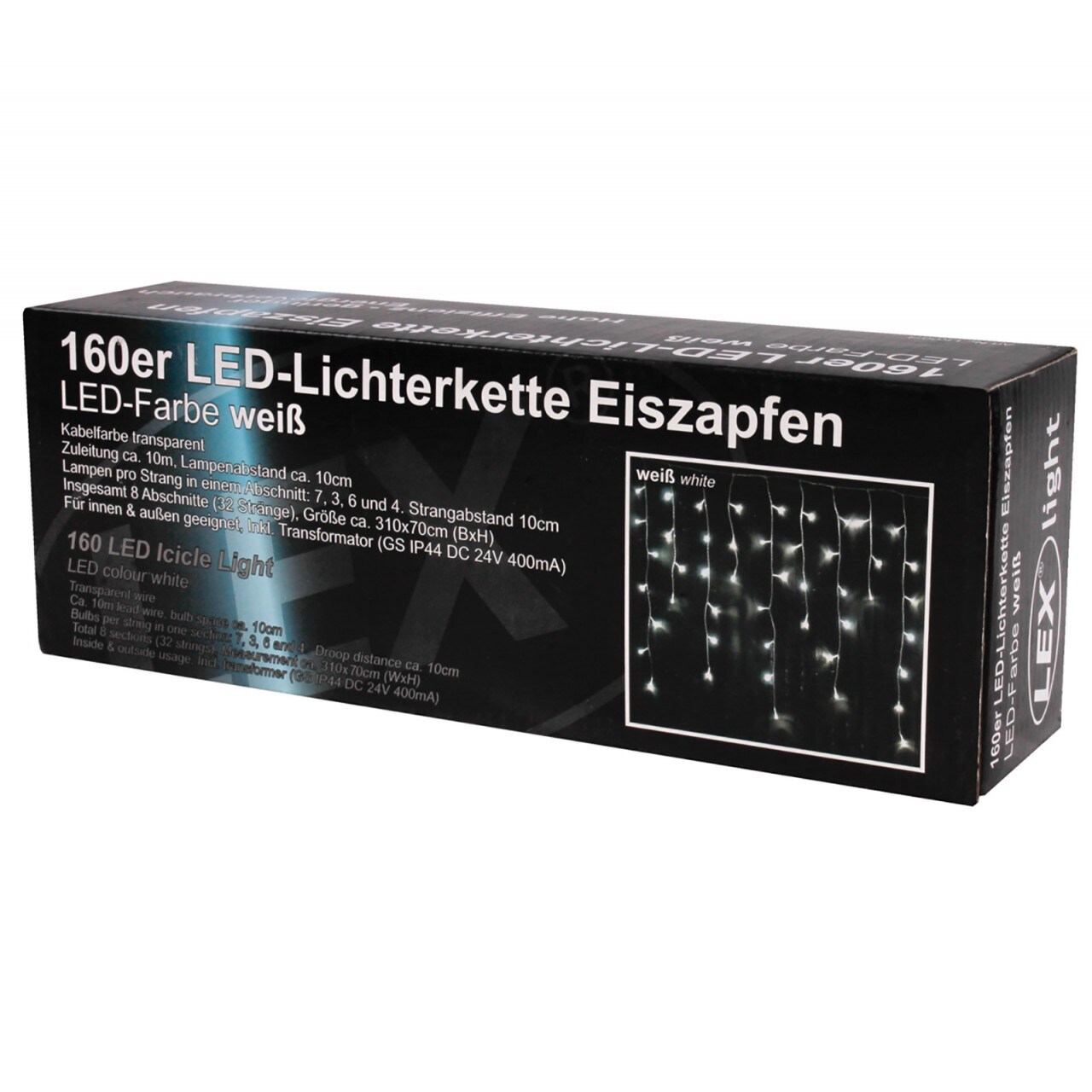 LEX 160er LED Lichterkette Eiszapfen für Innen- und Außenbereich, Kaltweiß, IP44, 3,1 m