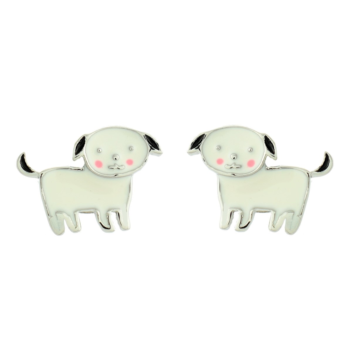 Boucles d'oreilles chien émail coloré blanc et noir Argent 925 Rhodié