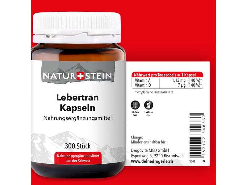 Naturstein Lebertran 300 Kapseln Natürliches Nahrungsergänzungsmittel mit Lebertranöl