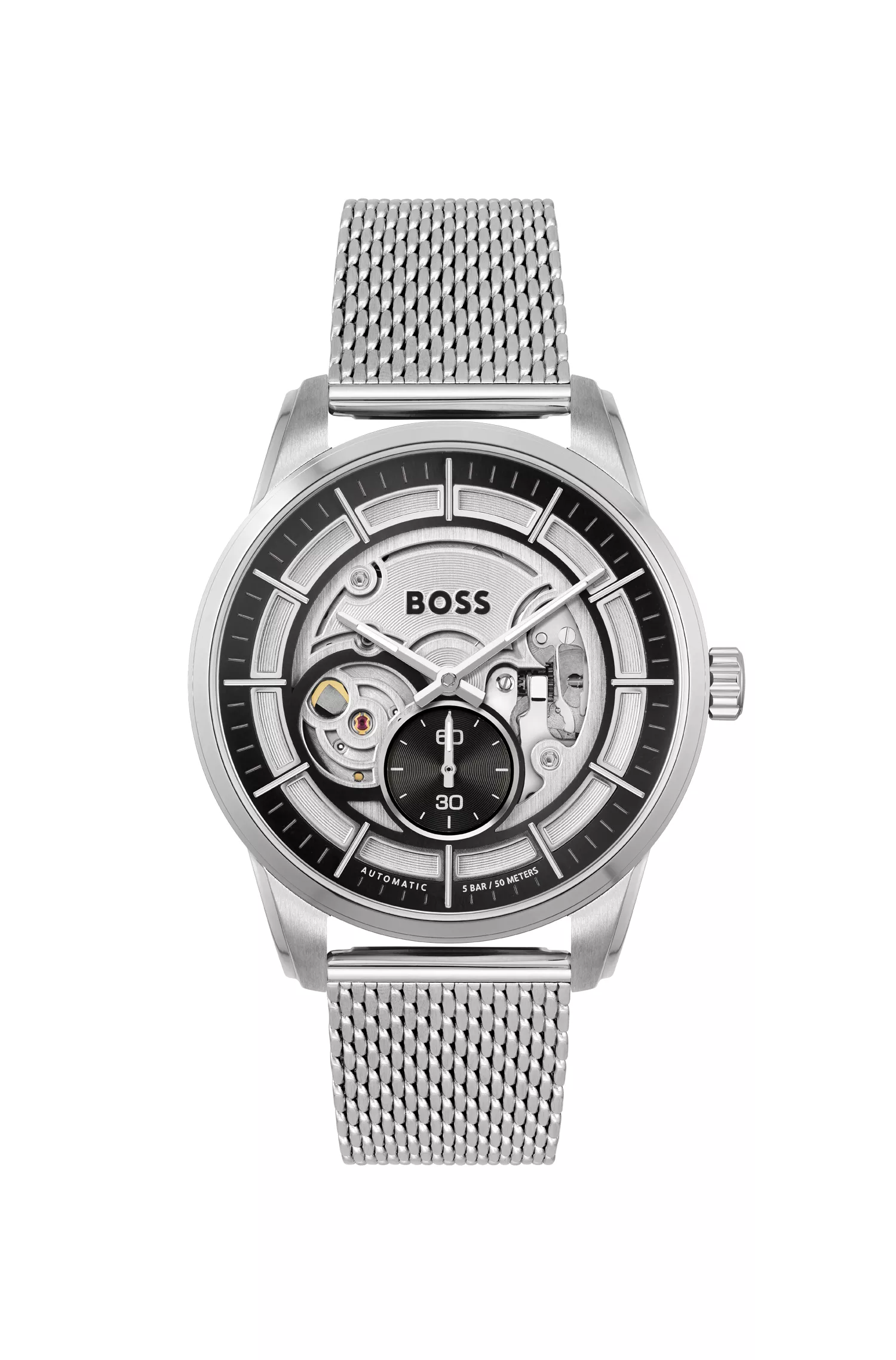 Relógio automático BOSS com mostrador laranja esqueletizado e pulseira de malha.