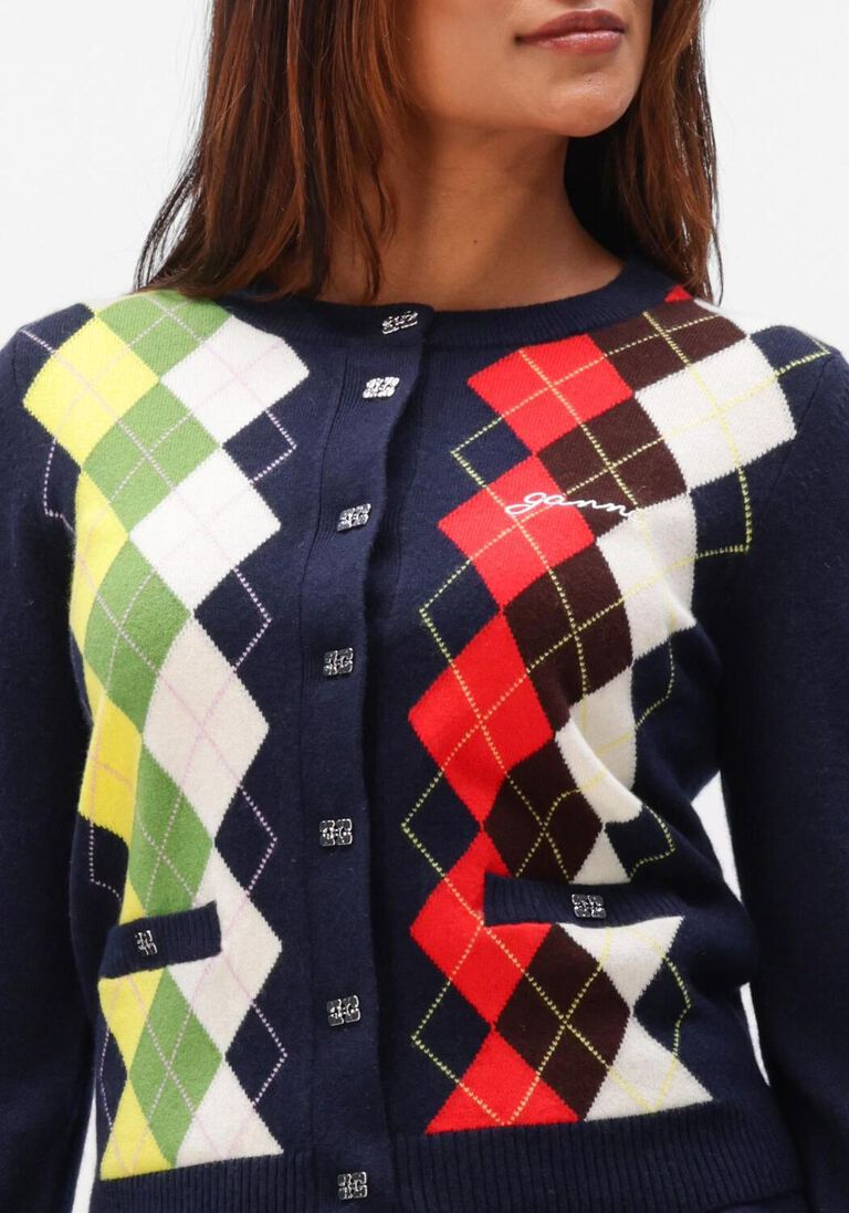 donkerblauwe ganni truien/vesten cashmere wool mix argyle cardigan