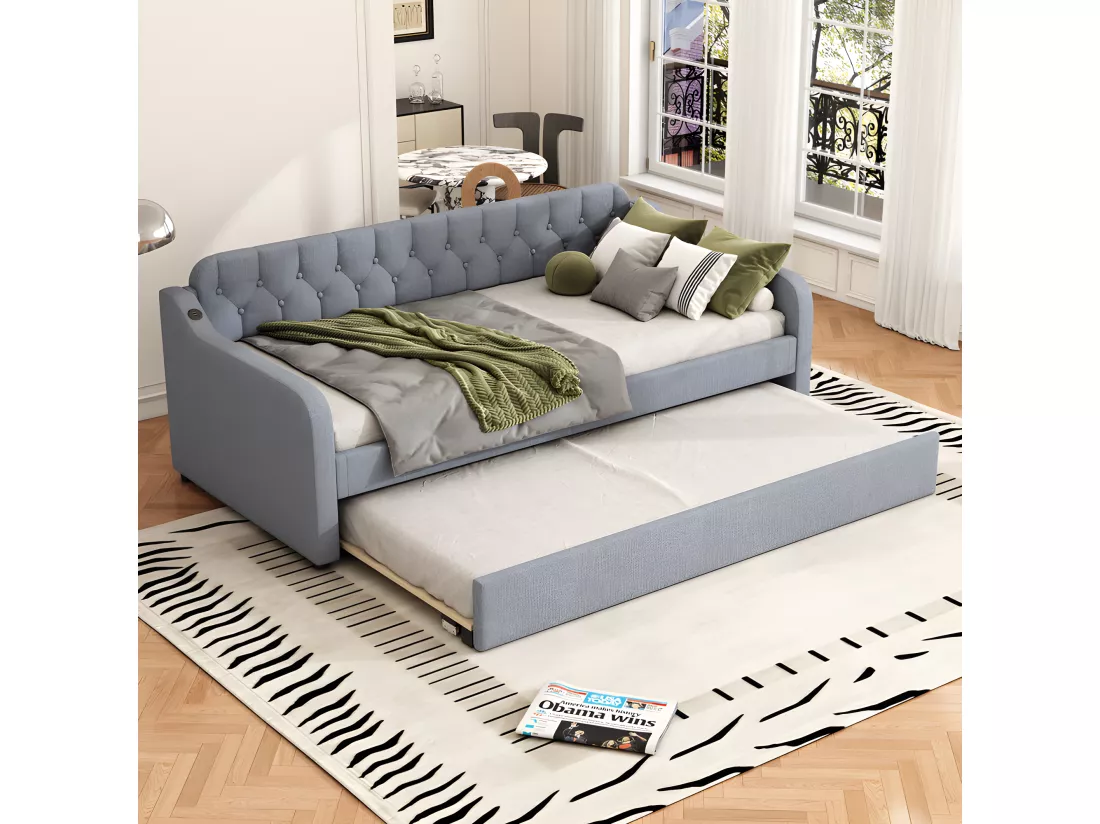 Lit gigogne 90x200cm - avec Port USB - tissu en Lin - Gris