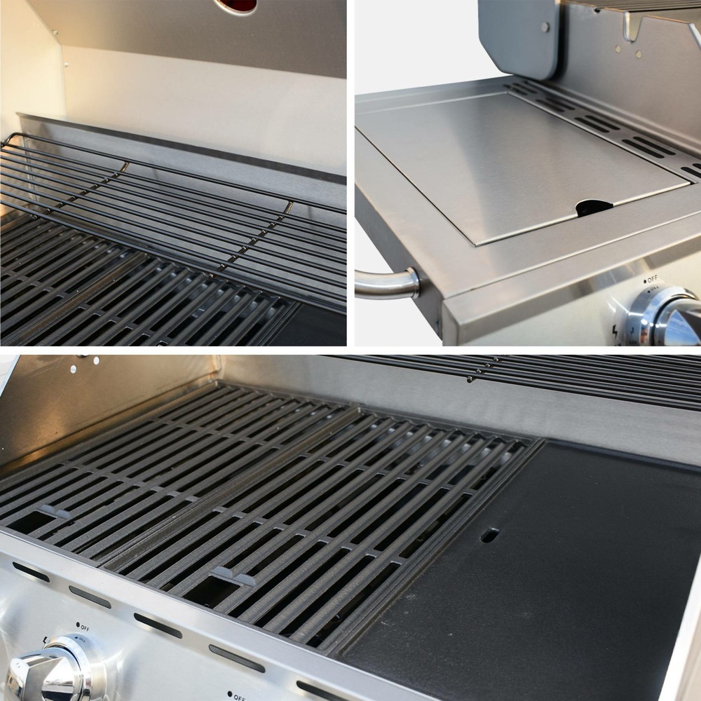 Barbecue gaz inox 17kw - richelieu noir - barbecue 5 brûleurs dont 1 feu latéral. Côté grill et côté plancha