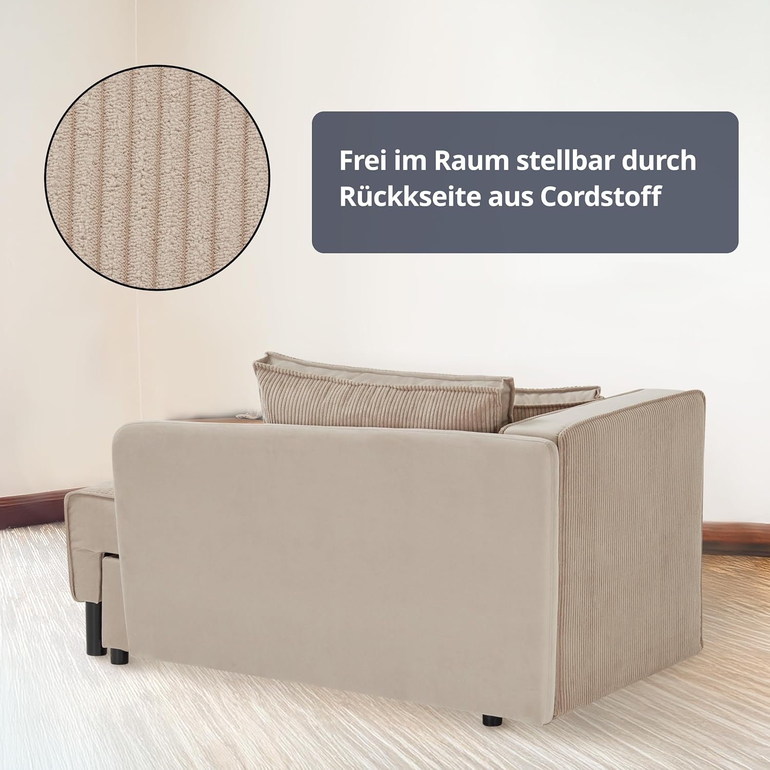 KHG Recamiere mit Bettkasten & Schlaffunktion - Moderne Liege mit Komfortschaum & Wellenunterfederung - inkl. Rückenkissen & Armlehnkissen - Cordstoff Beige