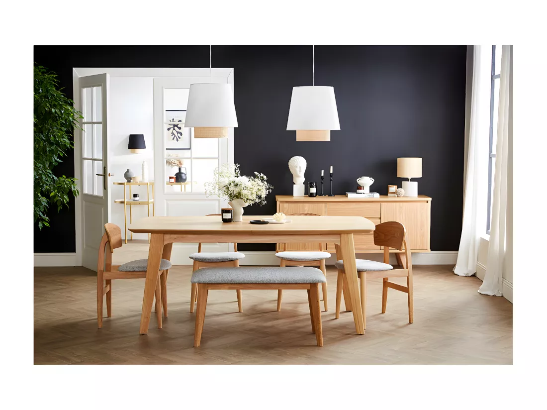Banc scandinave en tissu gris clair et bois clair L92 cm ELION