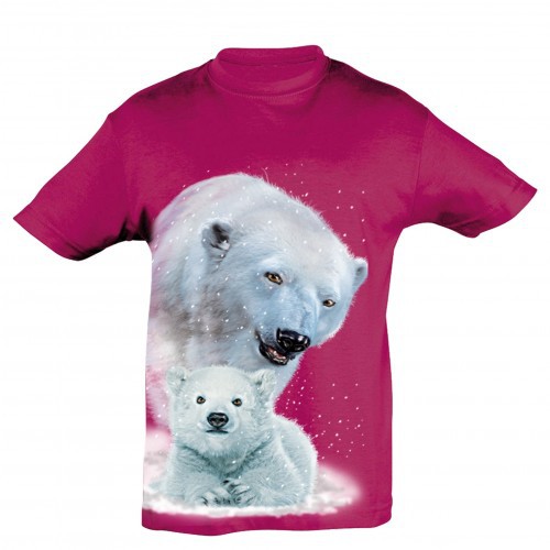 Camiseta infantil com estampa de bebê e urso polar, cor fúcsia.