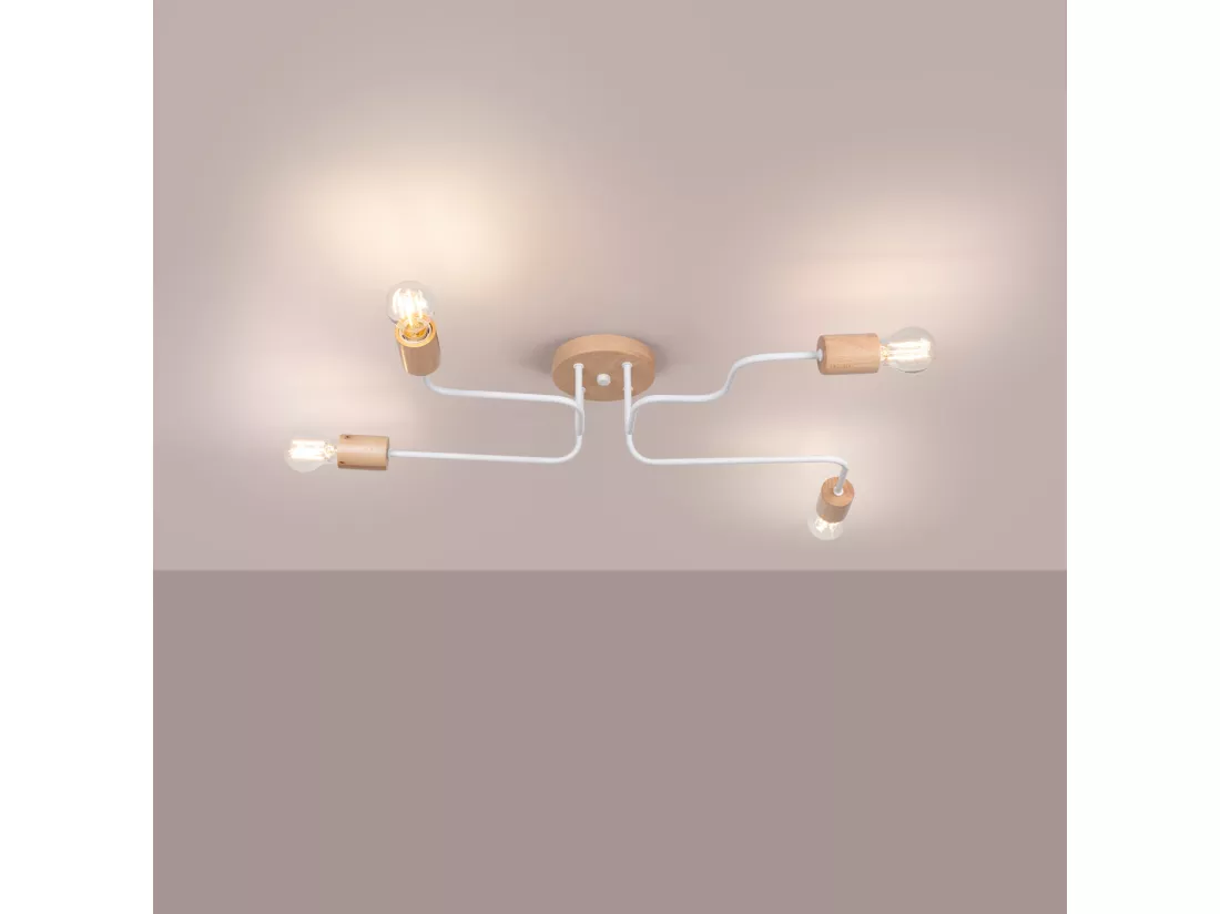 Lustre Timbo grenier en acier/bois - 4 sources lumineuses - L.75 x H.16,5 cm - blanc/bois naturel