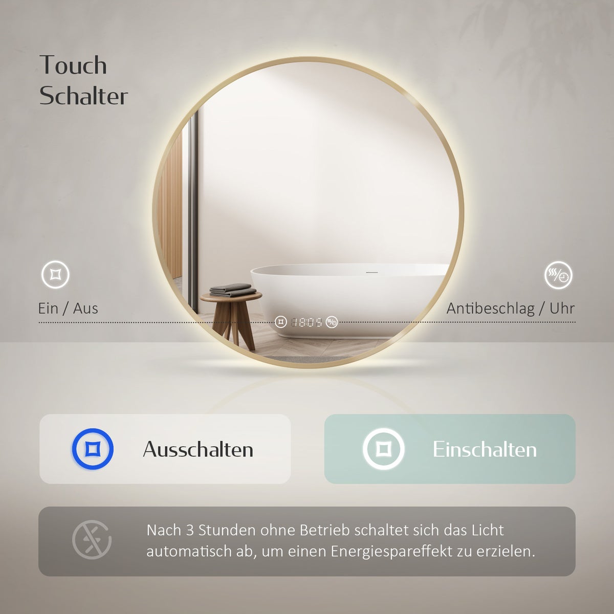 EMKE LED badkamerspiegel, Ø 60cm, geborsteld gouden frame, anti-condens, klok, temperatuurregeling, dimbaar, geheugenfunctie, neutraal licht