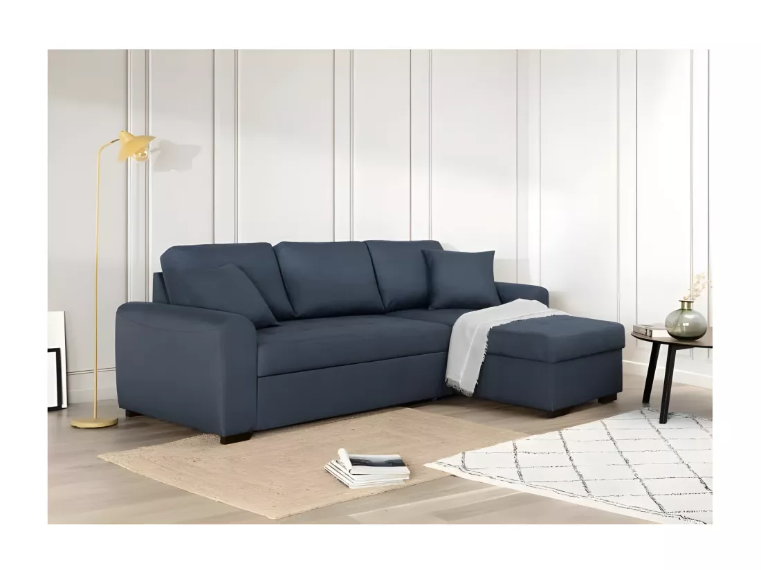 Canapé d'angle convertible réversible - Tissu Bleu - HAMILTON - L 244 x P 151 x H 90 - Fabriqué en Ukraine