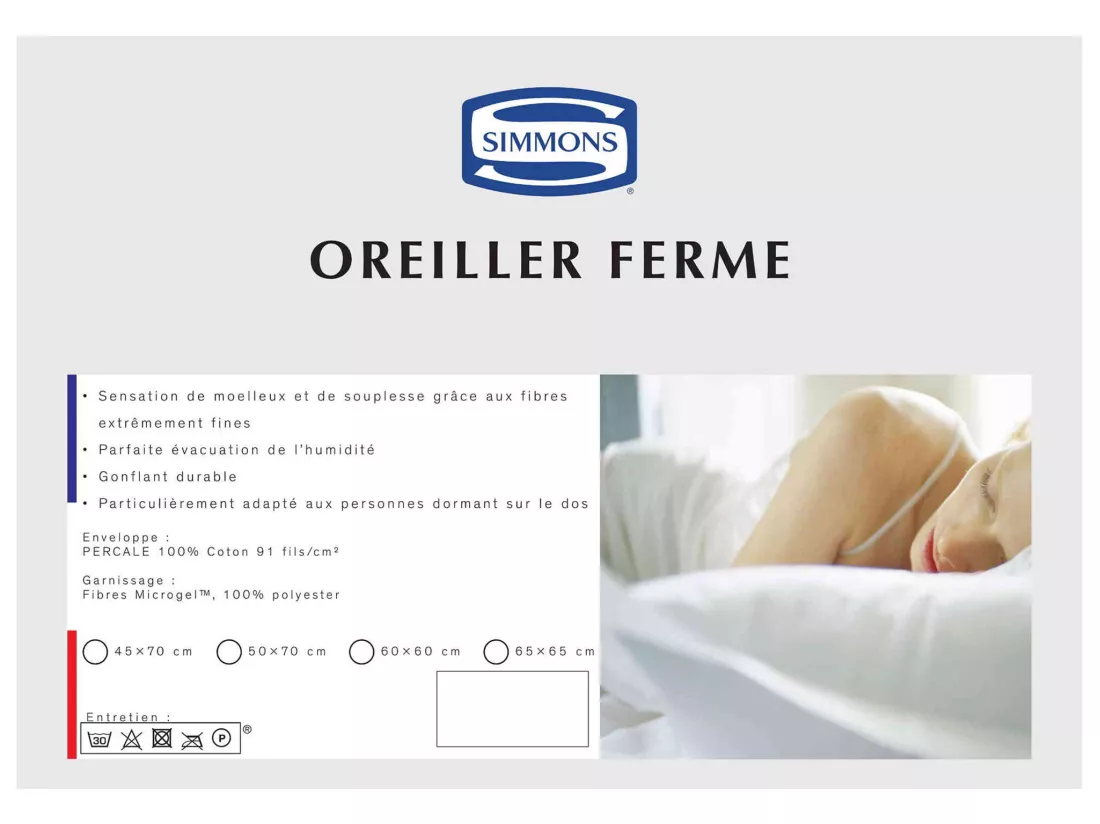 Lot de 2 oreillers Microgel Ferme percale Simmons 60x60