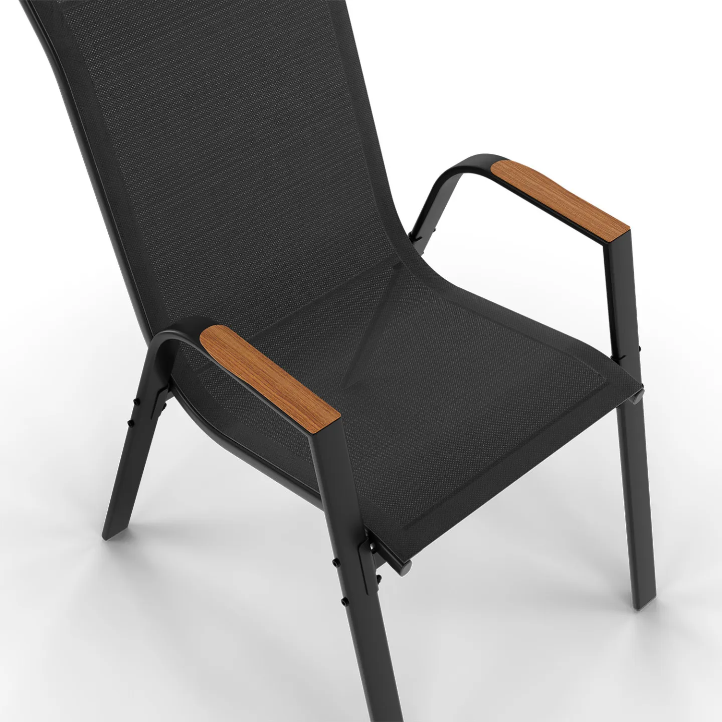 Salon de jardin NOUMEA table 150 cm plateau effet bois et 6 chaises empilables noir et bois