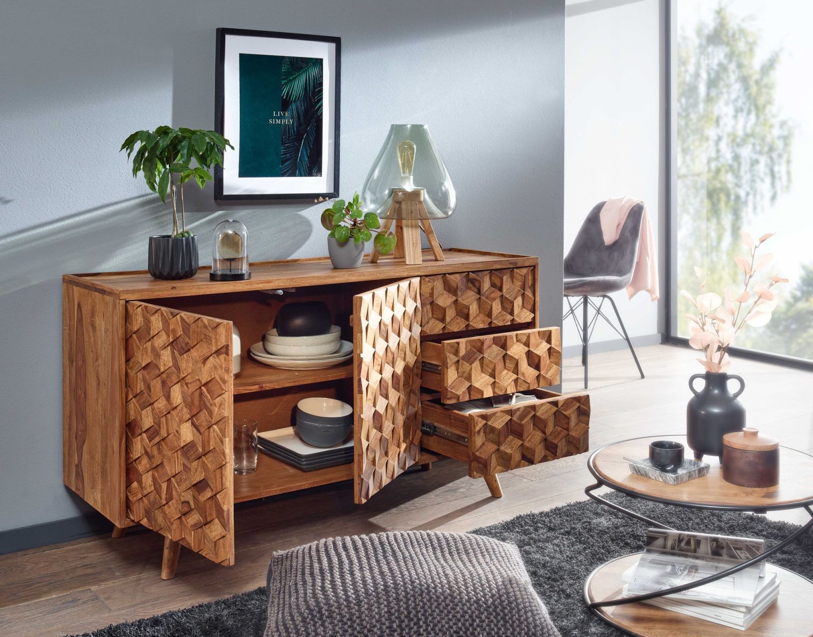 Sideboard - Sheesham massiv - 3 Schubkästen - 138 cm breit