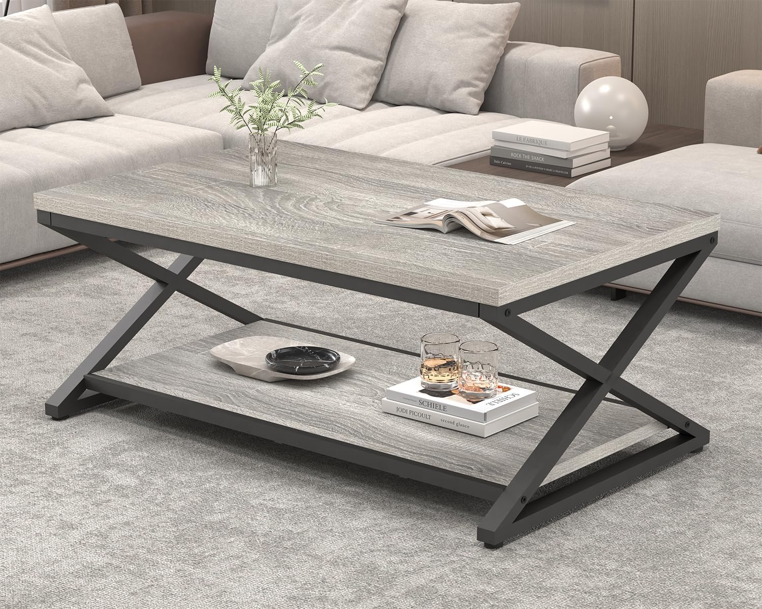 HSH Couchtisch mit Stauraum Grau Wohnzimmertisch Industrielles Holz und Metall Teetisch Rechteckiger Sofatisch für Wohnzimmer Büro Schlafzimmer 120B cm