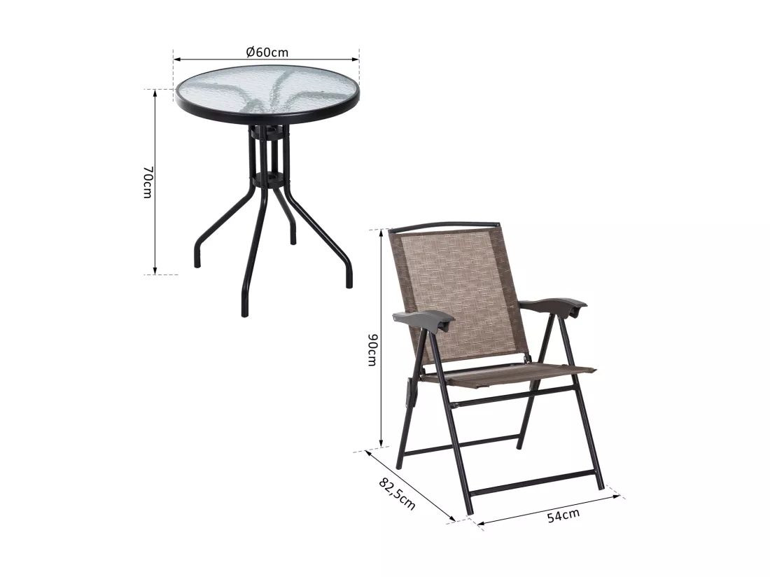 Ensemble de jardin 3 pièces 2 chaises inclinables multi-positions pliables + table ronde verre trempé métal époxy textilène chocolat