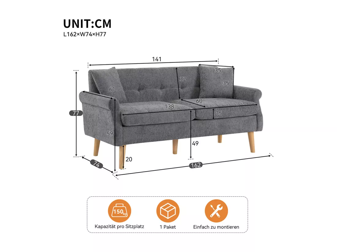 Design moderne, meubles rembourrés, canapé double, canapé rembourré avec coussins épais, gris