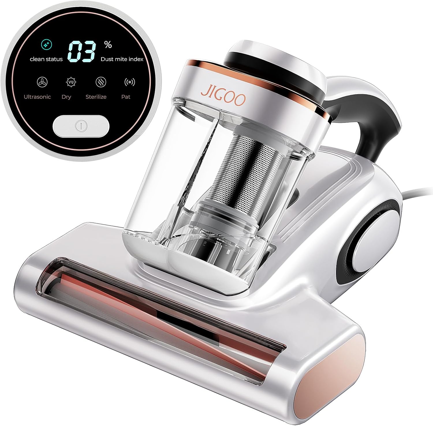 JIGOO J300 Milbensauger mit Staubmilben-Sensor und Intelligenter LED-Anzeige, 500W Milbenstaubsauger mit UV-Licht, Ultraschall, Für Allergiker, entfernt 99,9% Allergene von Matratzen, Betten und Sofas