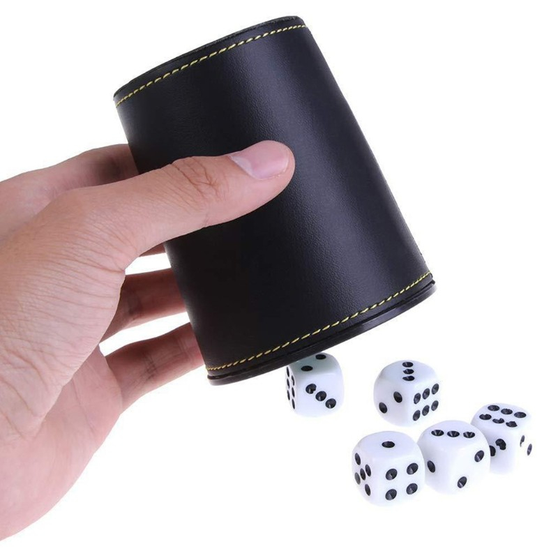 (6-tlg. Set) Würfel Spiel Reise Glücksspiel inkl. 5 Würfel / Leder Becher mit Samt Innenbezug
