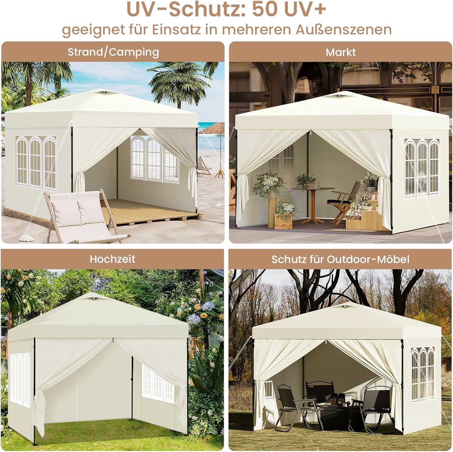 Laneetal Pavillon 3x3 m, Faltpavillon mit Seitenwänden, wasserfest stabil Winterfest, Outdoor Gartenpavillon, Partyzelt Gartenzelt, höhenverstellbar, UV Schutz, Metallrahmen, Beige