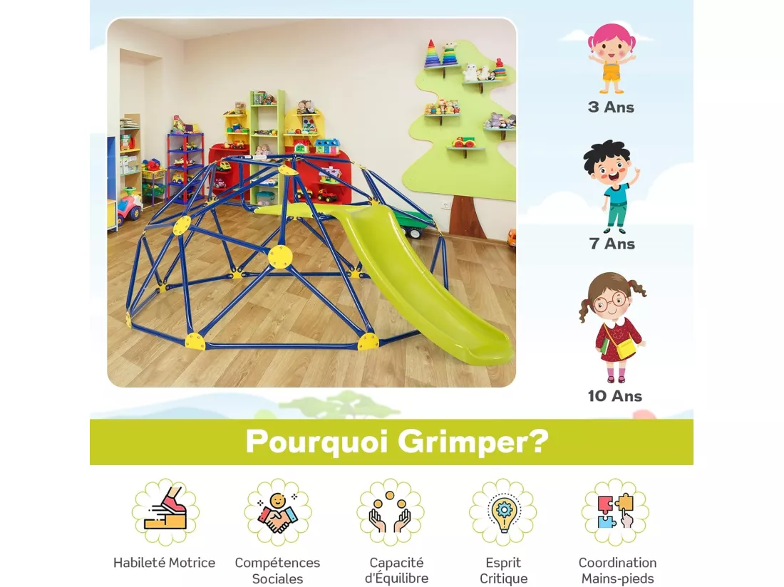 Dôme d'escalade Enfants avec Toboggan/Cage d'escalade avec Coussin en Tissu et velours-Charge 180kg/Aire de Jeux Extérieure et Intérieure pour Garçons et Filles de 3 à 10 Ans