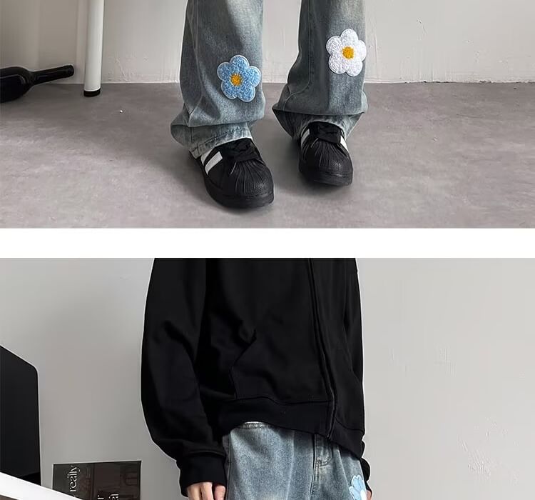 ROOSE - Mid Rise Washed Flower Wide Leg Jeans
