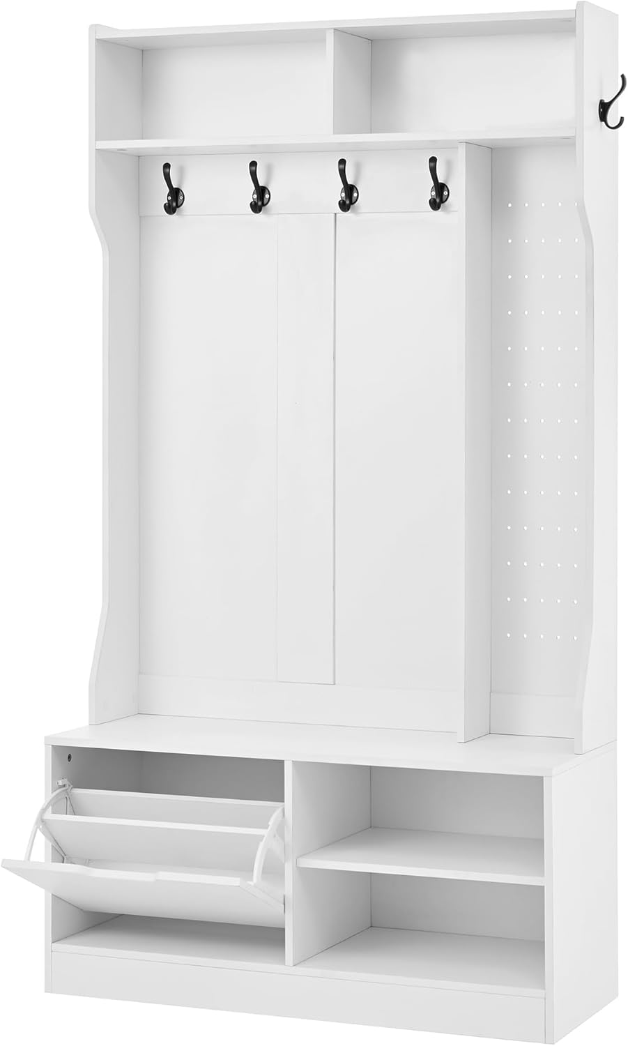 Merax Flurgarderobe Garderobenschrank Flur, Garderobe mit Sitzbank, 6 Haken, 1 Türen & 4 Offener Lagerraum, 100×185.5×40 cm, Weiß
