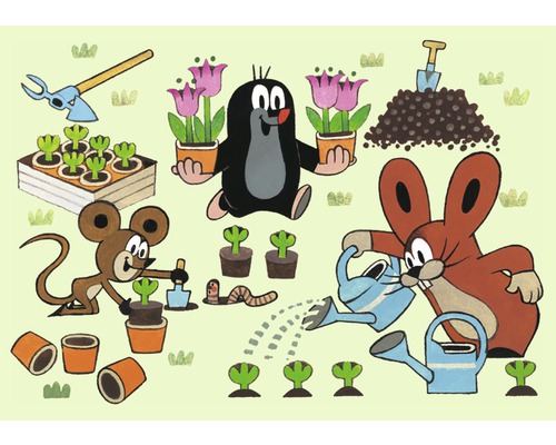 Ansichtkaart van een mol met een muis en een haas die aan het planten is, 14,8 x 10,5 cm