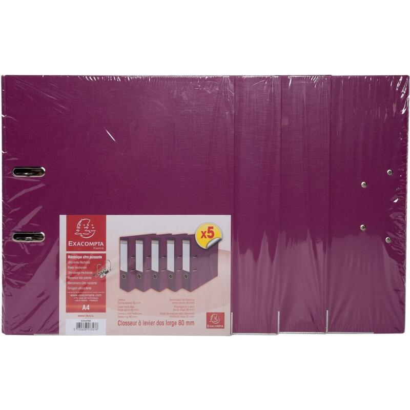 Lot de 5 classeurs à levier intérieur et extérieur en polypropylène - dos de 80mm - mécanique Prem'Touch - A4 - Fuchsia
