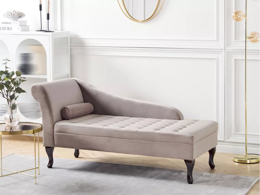 Chaise longue côté droite en velours taupe avec rangement PESSAC