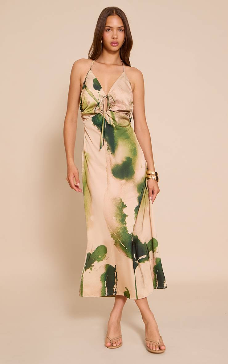 Vert Robe Longue Satinée À Imprimé Floral Avec Nœud Devant