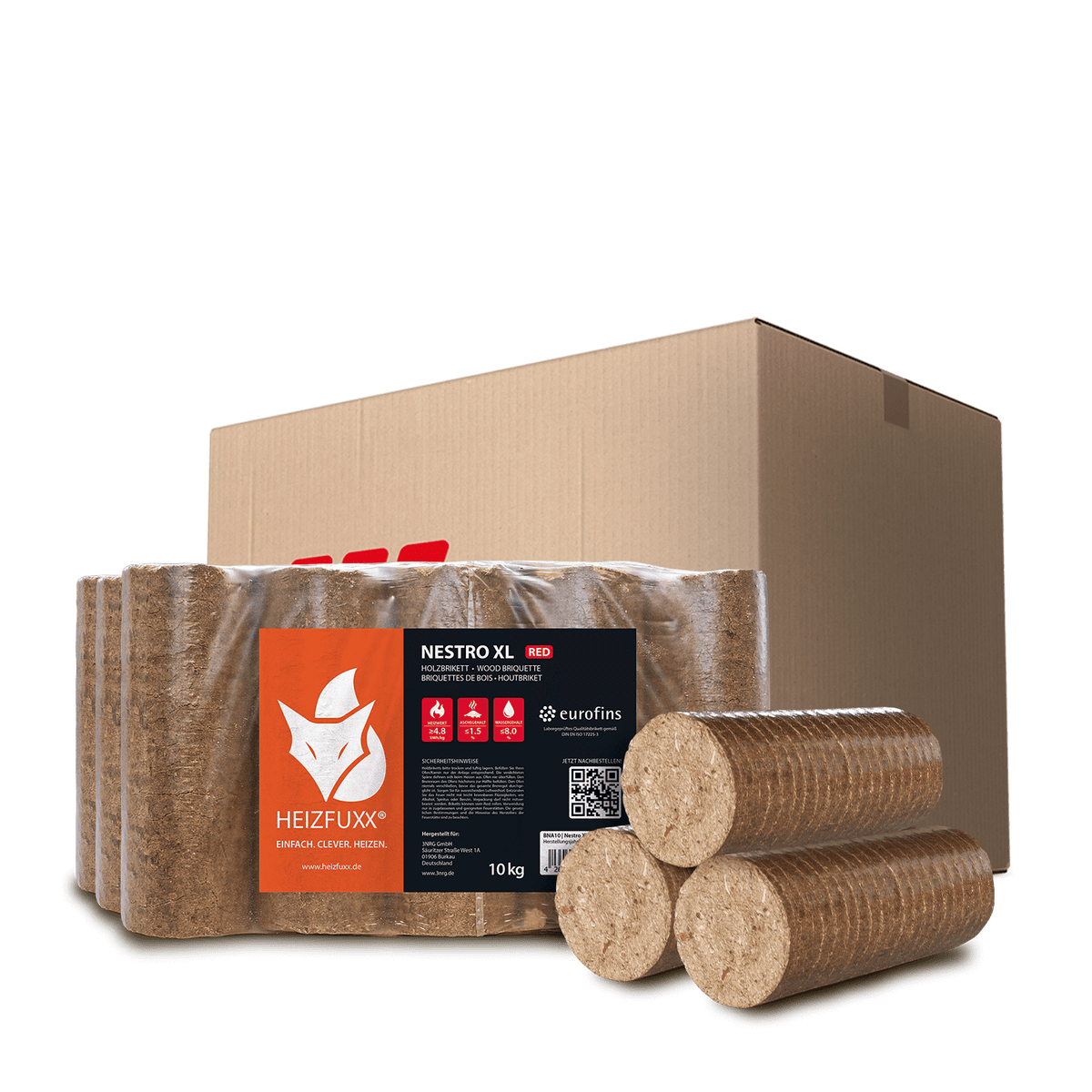 Heizfuxx Nestro XL Rood 10kg x 3 pakken 30kg houtbriketten Nielsen hardhout