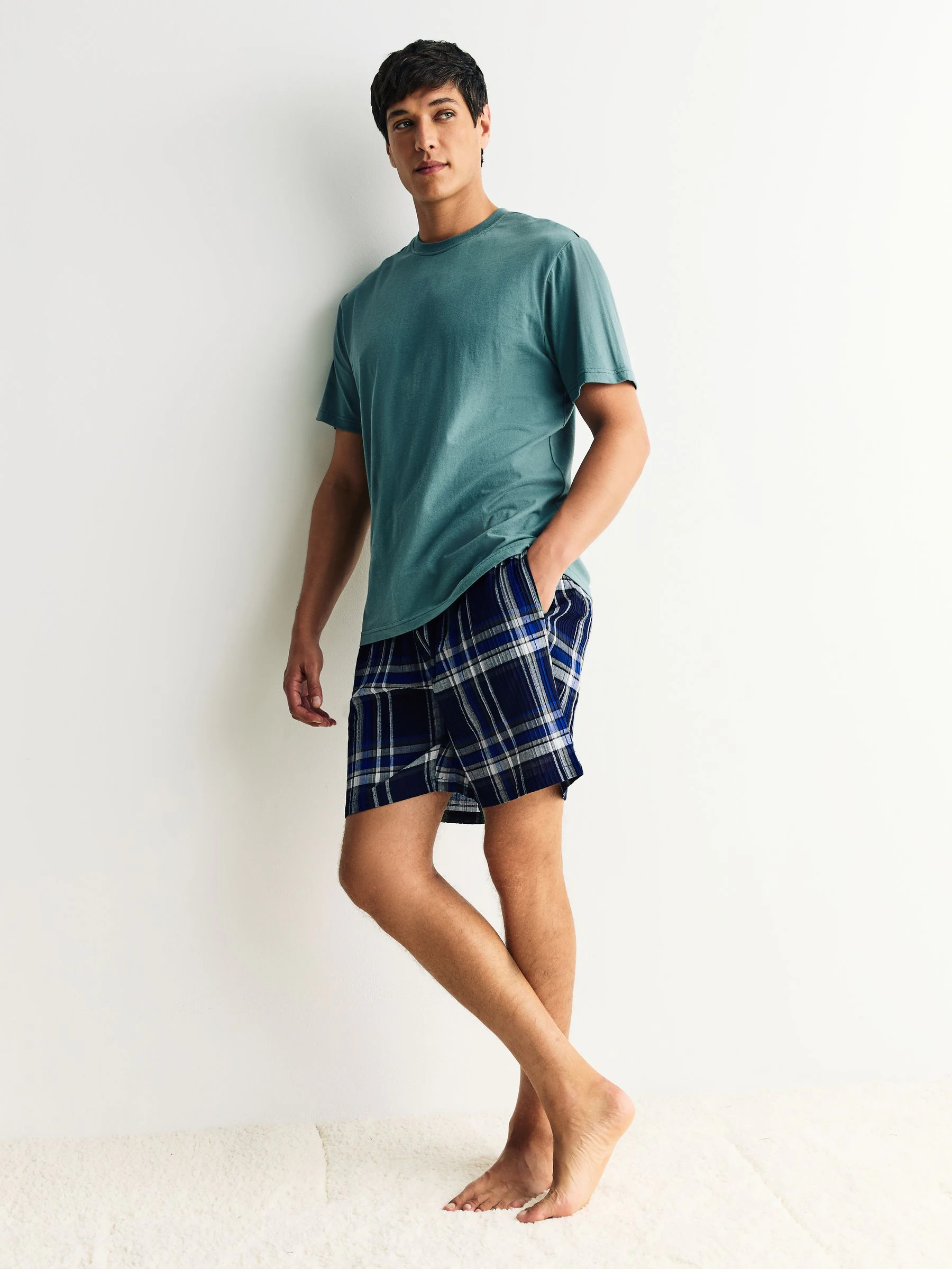 Donkerblauw - Geruite pyjama met korte mouwen